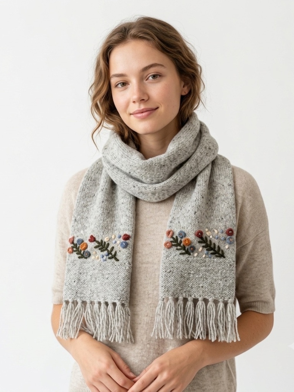 The Collection ROYAL 100% Wool Scarf Floral Embroidered Gray Fringe